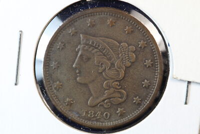 1840 Braided Hair Large Cent Small Date Acid Dipped XF 41E6-image