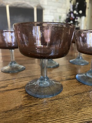 VTG Art Studio Hand Blown Margarita Glass ￼Set -5 Amethyst with Blue Stem Rare-image