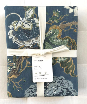 Pottery Barn DAHLIA FLORAL Full Queen Duvet Blue NWT-image