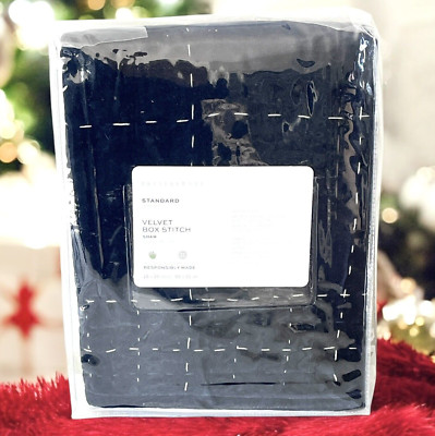 Pottery Barn NAVY Velvet Handcrafted Box Stitch Set of 2 STANDARD SHAMS - NEW-image