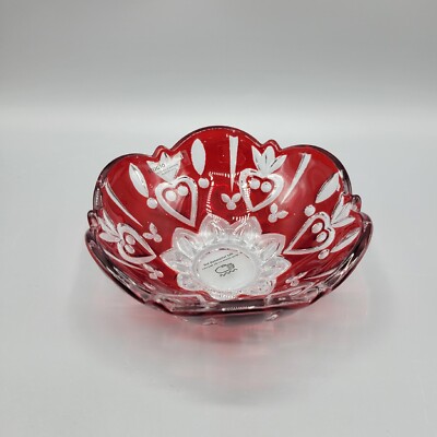 Studio Crystal Red Flash Glass Bowl With Hearts, Candy Dish-image