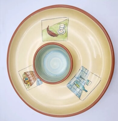 Large Round MOLDE Portugal Stoneware Ceramic Chip & Dip Bowl Yellow 35cm VGC-image