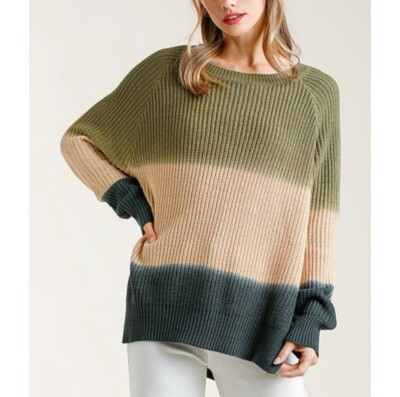 🫒 UMGEE 90s Oversized Dip Dye Knit Sweater Striped Kurt Cobain Olive Navy Cream-image