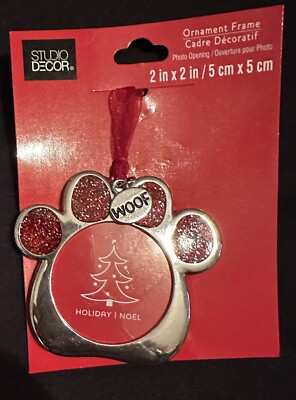 NEW Christmas Tree Ornament Photo Frame - Red Paw Shaped w/ Dangle “Woof”-image