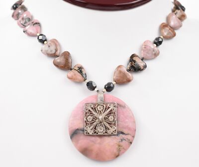 Sterling Silver Jet Beads & Rhodonite Heart Necklace, Hand Knotted, 19