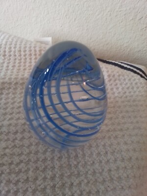 Egg Shaped Studio Art Glass Paperweight Blue Clear Swirl 2.5” Collectible Figure-image