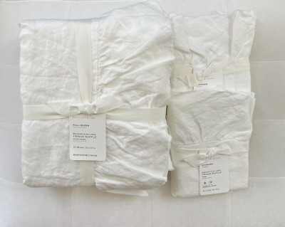 Pottery Barn BELGIAN FLAX LINEN FRINGE RUFFLE Duvet F/Q & 2 Std Shams White NWT-image