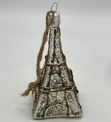 Pottery Barn Glass Eiffel Tower Christmas Ornament Silver Color With Glitter-image