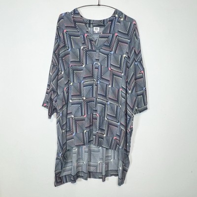 Kin Tunic Blouse Dipped Hem Blue & White 3/4 Sleeve Oversized Lagenlook Size L-image