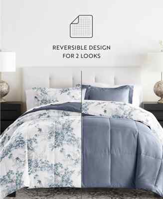 IENJOY HOME 4 Piece Bed Sheet Set or Bamboo Leaves Blue 3-Piece Comforter Set,-image