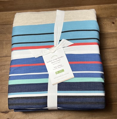 Pottery Barn Harbor Stripe Border Cotton Linen King/Cal King Duvet Cover New-image