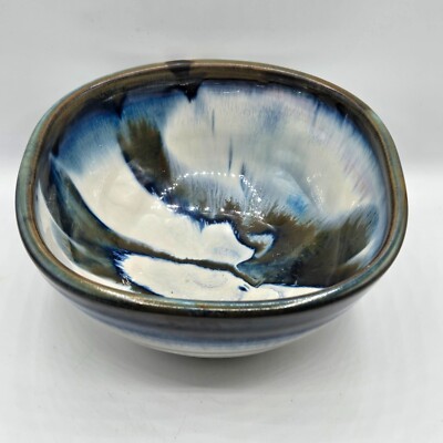 Blue Swirl Drip Glaze Squared off Bowl Art Studio Pottery Signed 6.5