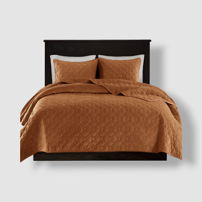 Madison Park Orange Harper Quilted Velvet 3-Pc. Quilt Set, King Size-image