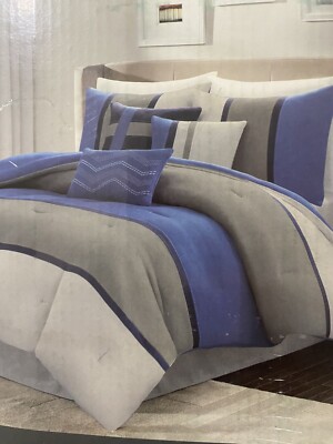 Madison Park Cal King 7 Pc Comforter 2 Shams Bedskirt 3 Pillows Faux Suede Blue-image