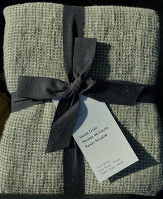 West Elm (Pottery Barn) Mini Waffle Linen Duvet Cover QUEEN/FULL  - DARK OLIVE !-image