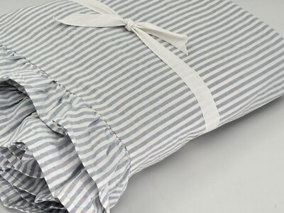 NWOT Pottery Barn Ruffle Stripe Queen Duvet Cover Light Blue/White-image