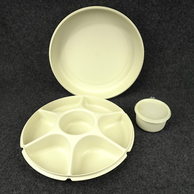 Tupperware #1665 Veggie Snack Divided Serving Tray Almond Base, Lid and Dip Bowl-image