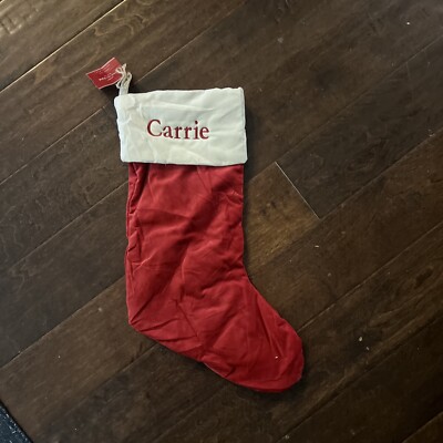 NWT Pottery Barn Classic Medium Red Ivory Velvet Christmas Stocking Mono Carrie-image
