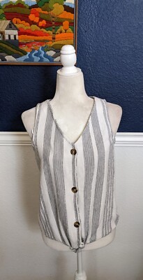 DIP Sleeveless Crop Summer White Gray Tie Front Button Shirt Top Sz Small S-image