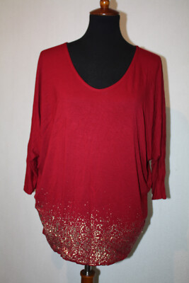 Anne's Closet Sz L Burgundy Red Gold Flake Dipped Rayon Tunic Top Stretch -image