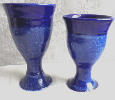 2X Hand Studio Art Pottery Cobalt Blue Speckled Glaze Goblet Chalice Vessel-image