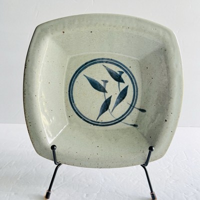 Studio Art Pottery Blue Floral Rectangle Shaped Bowl Artist Stamped READ-image