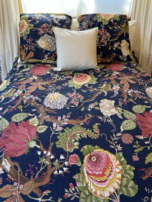 Pottery Barn King Duvet Sham Set Laina Palampore Cotton Linen Blue Floral-image
