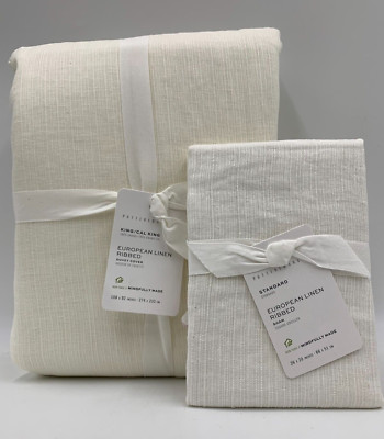Pottery Barn European Ribbed Linen Duvet King Cal King & 1 Std Sham White #7965E-image