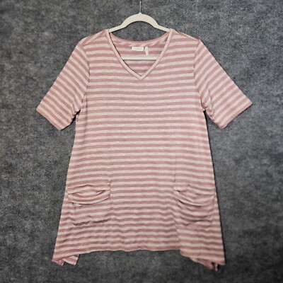 LOGO Lori Goldstein Top Womens L Rose Pink White Stripe Knit Dip Hem Tunic-image