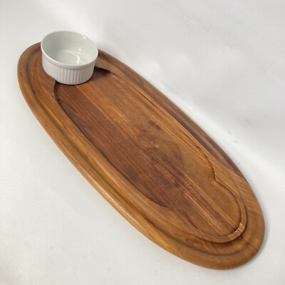 Vtg DANSK MCM Large Oval TEAK WOOD Serving Tray Cracker & Cheese Charcuterie Dip-image