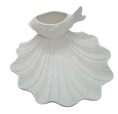 Large Ceramic Bowl with Fish shaped dip dish Made In Italy White Glazed Ribbed-image