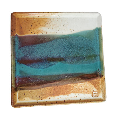 Studio Pottery Square Serving Tray Aqua Blue Turquoise Brown Red Signed TJ White-image