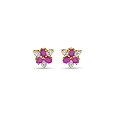 Ruby Diamond Flower Shaped Pave Studs Earrings 14k Yellow Gold-image