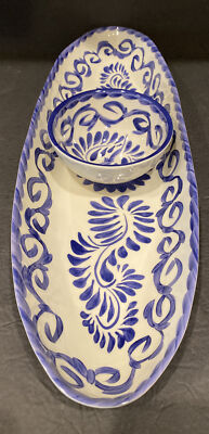 Unique Blue & White Wheat Decor Chip And Dip Serving Platter Plastic 20” Long-image