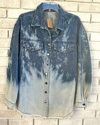 Denim Vintage Jacket Refashioned Jean Coat Upcycled Bleach Dipped Frayed 38