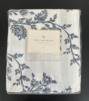 Pottery Barn  ~ Floral Vines Duvet Cover TWIN White Blue Cottage NEW-image