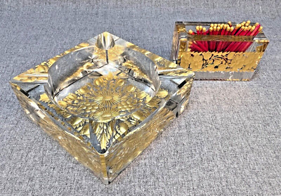 Modernist  Murano Art GalssPagnin&Bon Faceted Tobacco Ashtray Match Holder Gold-image