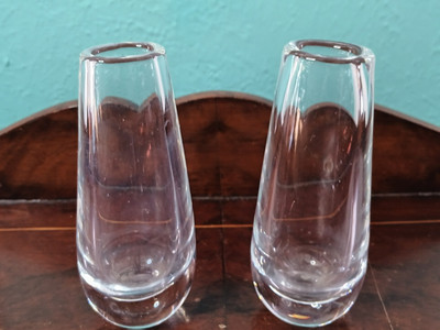 Pair Art Studio Clear Blown Glass Mini Vases Signed 5 1/8