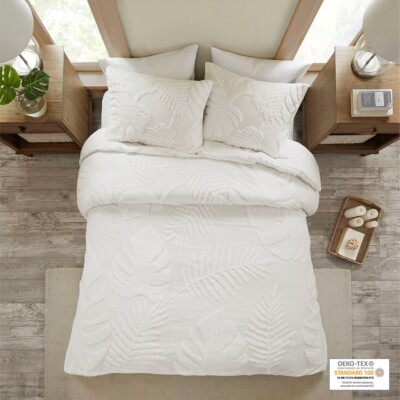 Madison Park Bahari 3 Piece Tufted Cotton Chenille Palm Duvet Cover Set-image