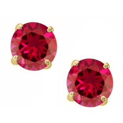 14K Solid Yellow Gold CZ Basket Red Color Round Shaped Screw Back Stud Earrings-image
