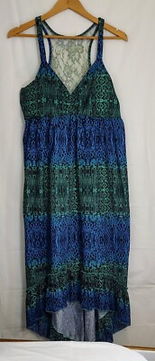 No Boundaries Jr's XL (15-17) Dip Hem Summer Dress Blue/Green Animal Print Lace -image
