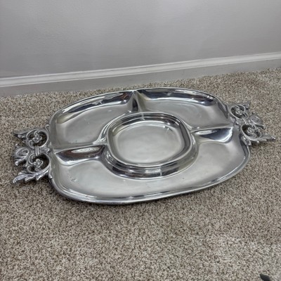 Large Heavy Pewter Serving Platter: Chips And Dip Ornate W/ 5 Sections & Handle-image