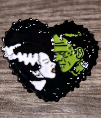 Universal Studios Monsters Frankenstein & Bride Enamel Pin , Heart Shaped,   D1-image