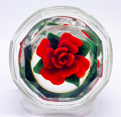 STEVEN LUNDBERG Big Red Rose Art Glass Cup-shaped 1999 Paperweight,Apr 3.5