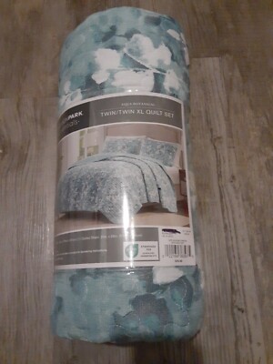 Madison Park essentials Twin XL Quilt Set Aqua Botanical comforter bedspread-image