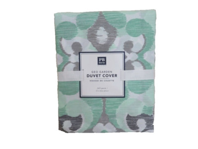 POTTERY BARN DORM GEO GARDEN MINT GREEN GRAY DUVET COVER FULL / QUEEN SIZE NEW-image