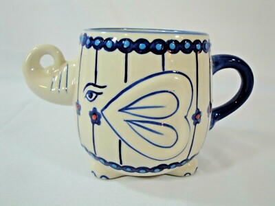 Elephant Coffee Mug White Blue Yokohama Studio Hand Painted Figural Trunk Up-image