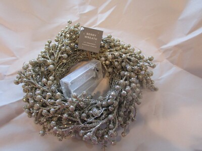Pottery Barn Berry wreath lit silver  Christmas Ornament New w tag-image