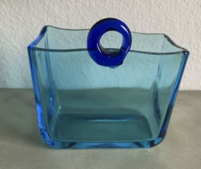 Hand Blown Blue Studio Art Glass Square Bag Wall Pocket Planter Vase-image