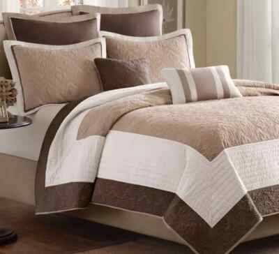 MADISON PARK  ATTINGHAM 7 PCS FULL/QUEEN COVERLET  SET COLOR BEIGE NEW-image